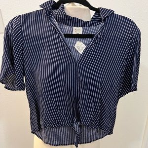 blue with white stipe tie front top